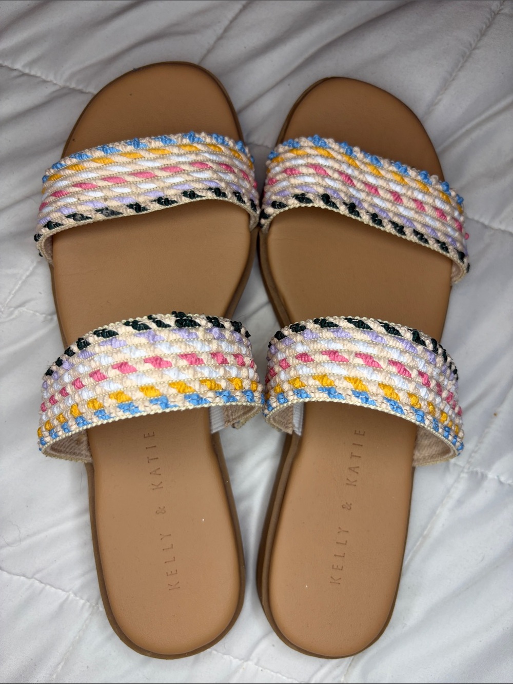 Kelly & Katie Braided Cream Slide Sandals with Pink, Yellow & Blue Accents